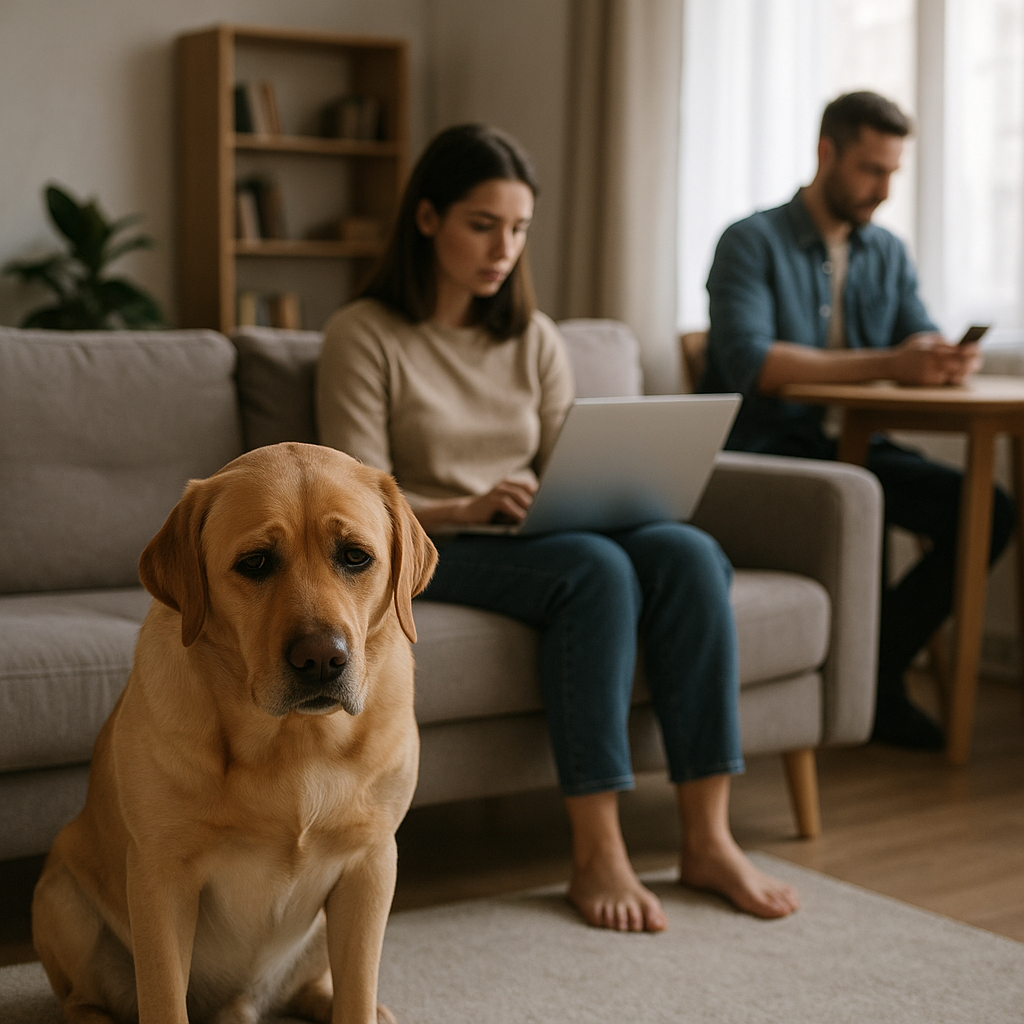 Sad and bored dog sitting alone while owners are busy